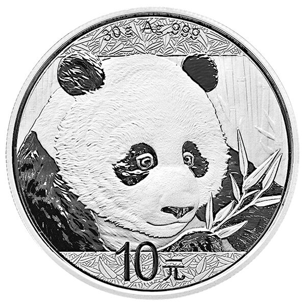 Rückseite der China Panda Silbermünze 30 g 2018 mit jährlich wechselndem Panda-Motiv, Feingewicht und Feingehalt