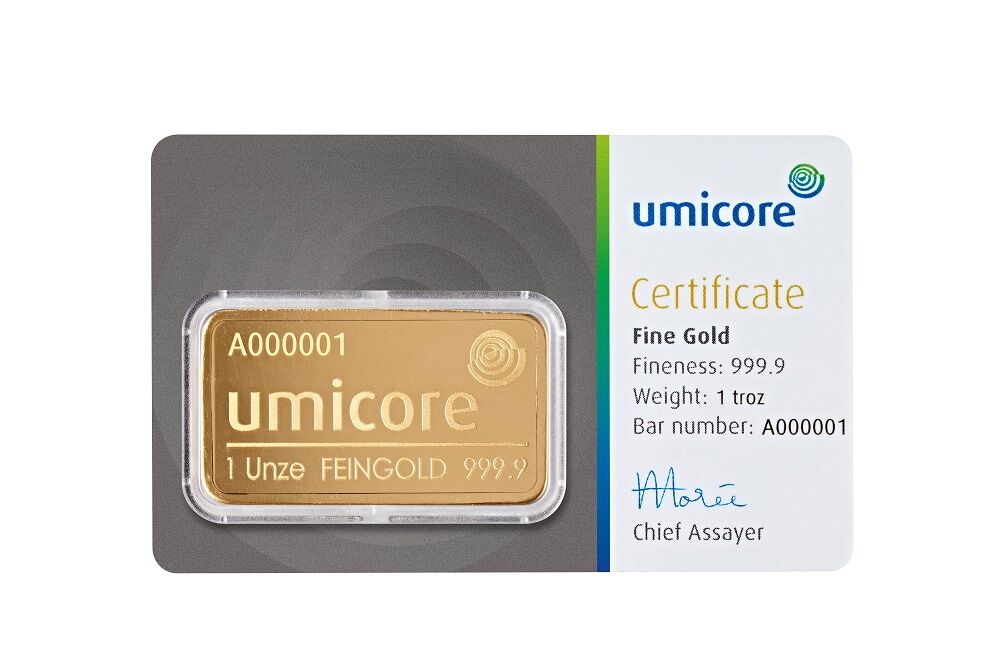 Goldbarren Umicore 1oz Vorderseite Goldbarren Umicore 1oz Vorderseite