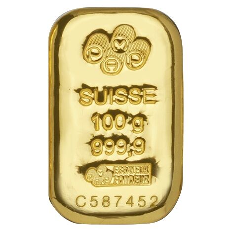 100 g Goldbarren PAMP gegossen Vorderseite