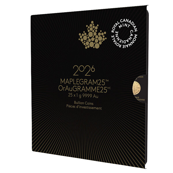 Vorderseite des Maplegram 25 x 1 g in Verpackung mit Produktangaben und Verpackungsdetails