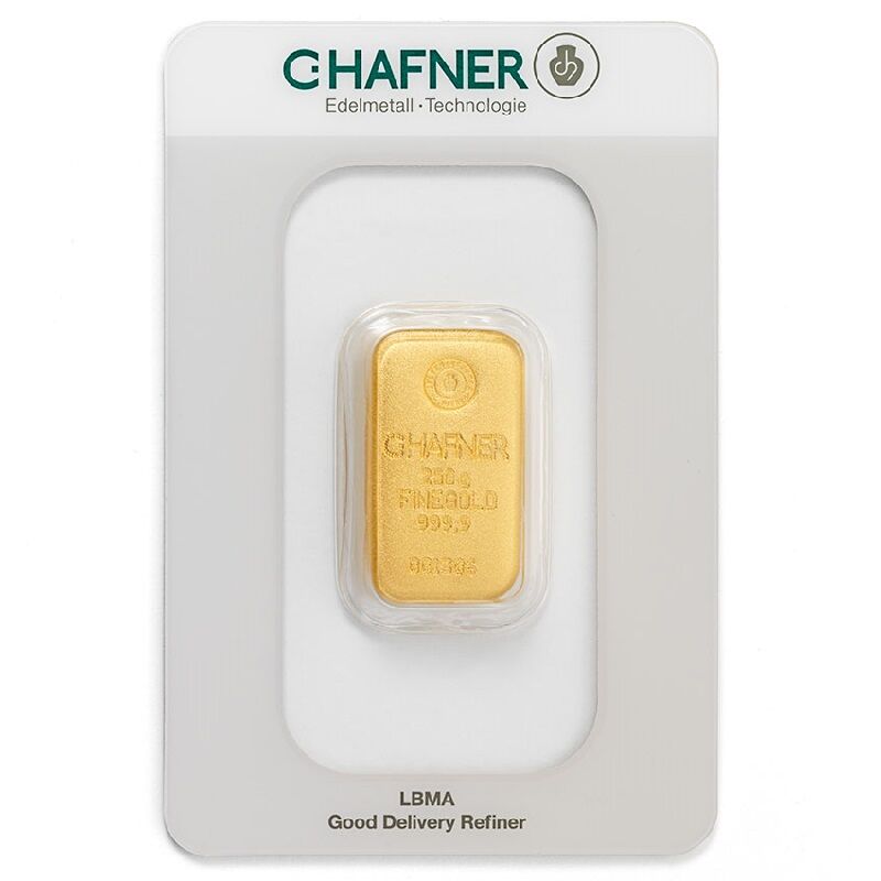 Vorderseite eines 250 g C. Hafner Goldbarrens mit Herstellerlogo, Feingewicht und Feinheitsangabe