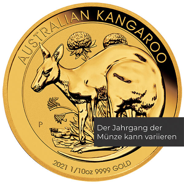 Ansicht der Australian Kangaroo Goldmünze 1/10 Unze 2021 mit sichtbarer Goldprägung