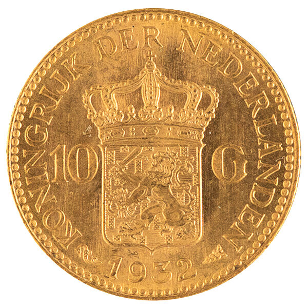 Weitere Rückseitenansicht der niederländischen 10 Gulden Wilhelmina Goldmünze mit Wappen, Nennwert und Jahrgang