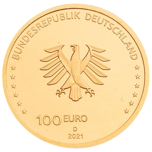 Wertseite der 100 Euro Goldmünze Recht 2021 mit Bundesadler, Nennwert und Prägejahr