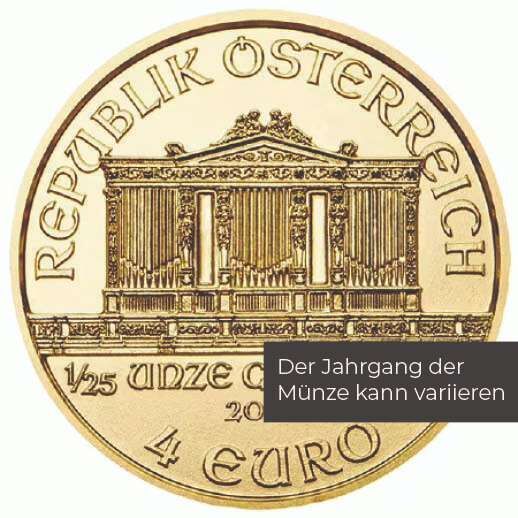Produktansicht der Wiener Philharmoniker Goldmünze 1/25 Unze 2025 mit sichtbaren Prägungsdetails
