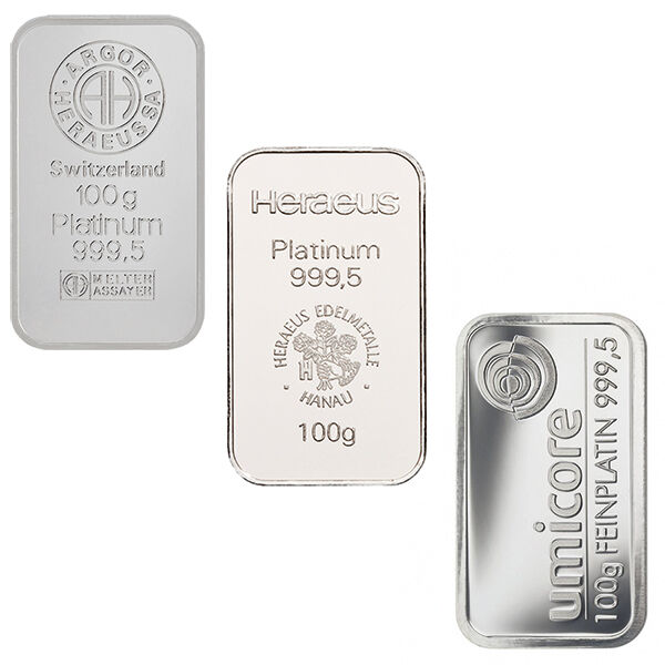 100 g Platinbarren verschiedener Hersteller als Beispiel für Anlageplatin