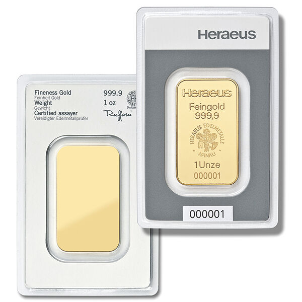 1 Unze Goldbarren Heraeus geprägt