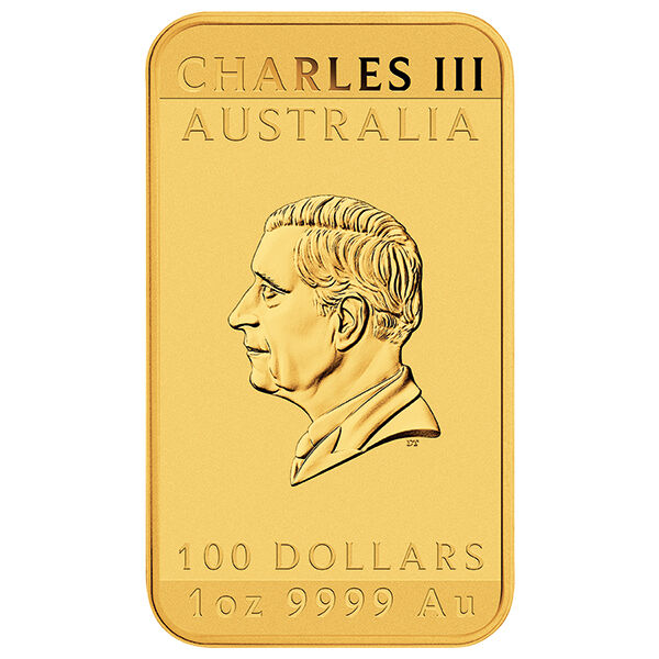 Vorderseite des 1 Unze Rectangular Dragon Goldbarrens 2025 der Perth Mint mit Drachen-Motiv