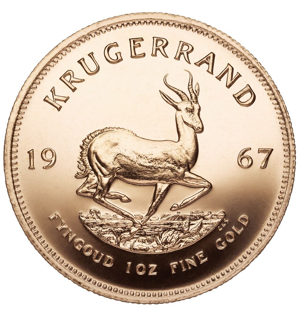 Krügerrand Goldmünze 1 Unze aus dem Jahr 1967 als Beispiel für Anlagegold
