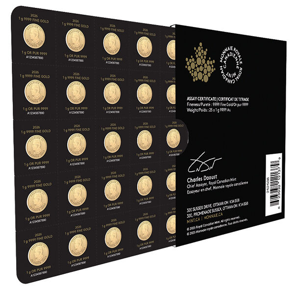 Rückseite des Maplegram 25 x 1 g in Verpackung mit einzeln entnehmbaren Maple Leaf Goldmünzen