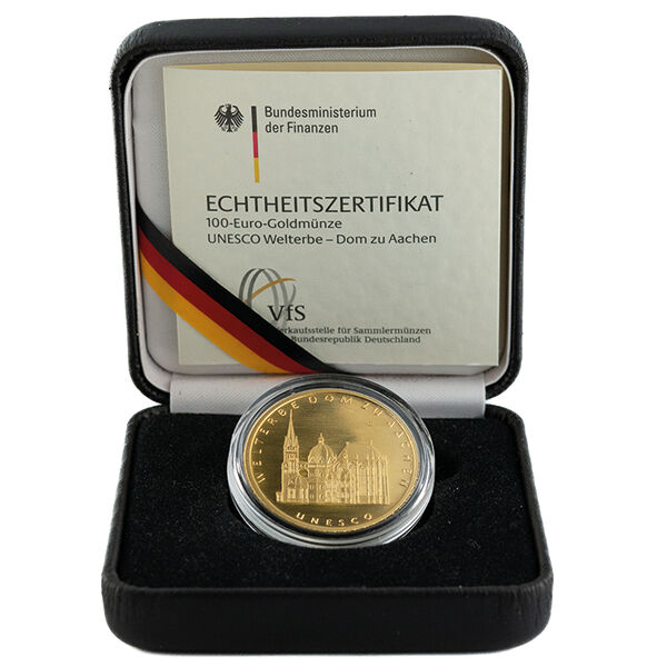 100 Euro Goldmünze Trier 2009 in Hartschalenbox mit Zertifikat und sichtbarer Münze in der Präsentationsverpackung
