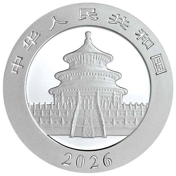 Vorderseite der China Panda Silbermünze 30 g 2026 mit Himmelstempel, chinesischen Schriftzeichen und Jahrgang