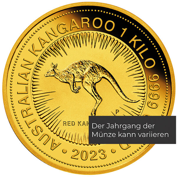 Weitere Vorderseitenansicht der Australian Kangaroo Goldmünze 1 kg 2023 mit Monarchenporträt, Nennwert und Jahrgang