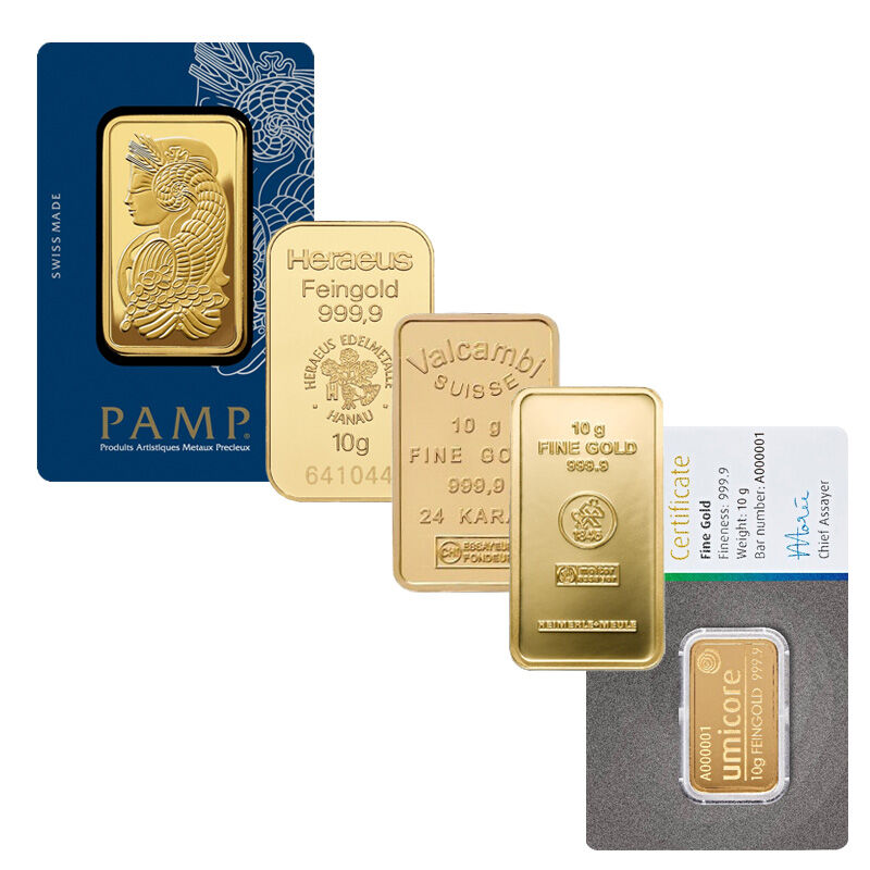 10 g Goldbarren verschiedener LBMA-zertifizierter Hersteller mit Angaben zu Feingewicht und Feinheit