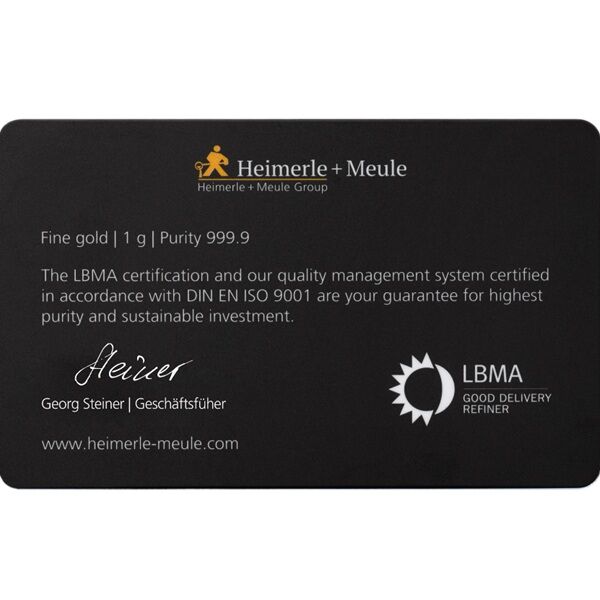 1 g Goldbarren Zur bestandenen Prüfung vion Heimerle und Meule Rückseite Moroder Scheideanstalt GmbH 1 g Goldbarren Zur bestandenen Prüfung vion Heimerle und Meule Rückseite Moroder Scheideanstalt GmbH