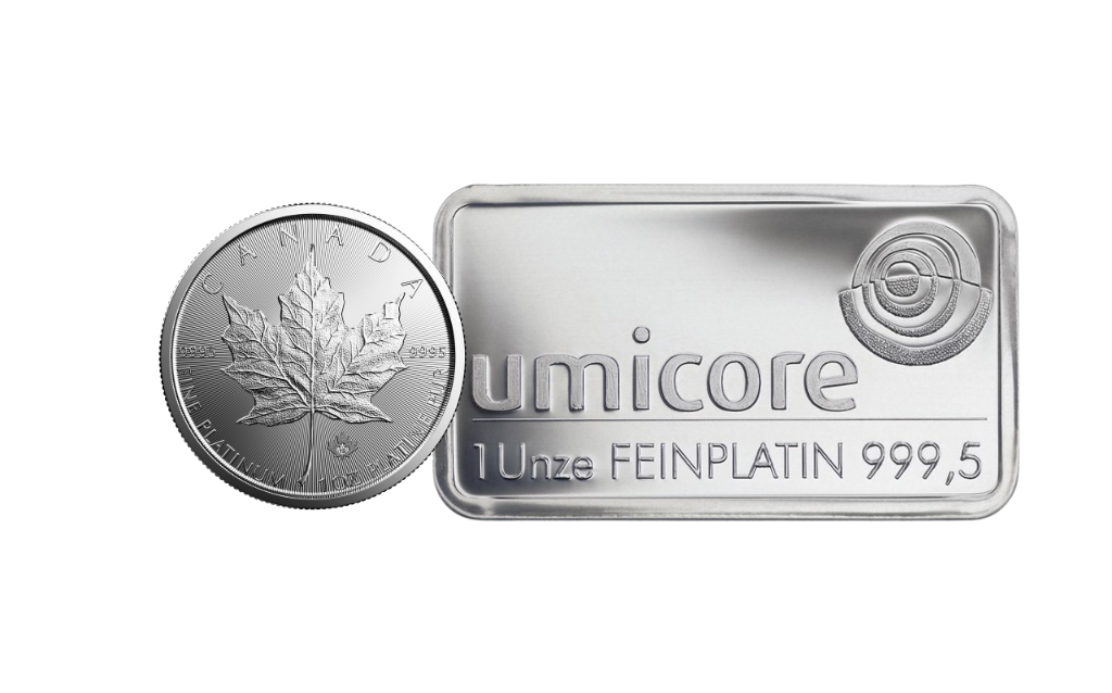 Platinbarren und Platinmünze als Beispiele für Anlageprodukte aus Platin