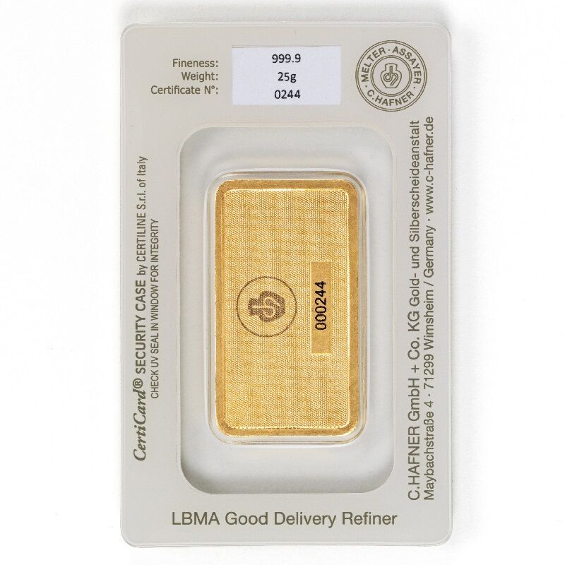 Rückseite eines 25 g C. Hafner Goldbarrens mit Produktangaben