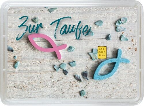 Vorderseite des 0,5 g Valcambi Geschenkbarrens Taufe mit sichtbarem Goldbarren