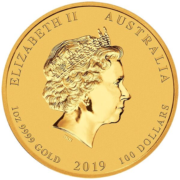 Vorderseite der Lunar II Schwein Goldmünze 1 Unze 2019 mit Monarchenporträt, Nennwert und Jahrgang