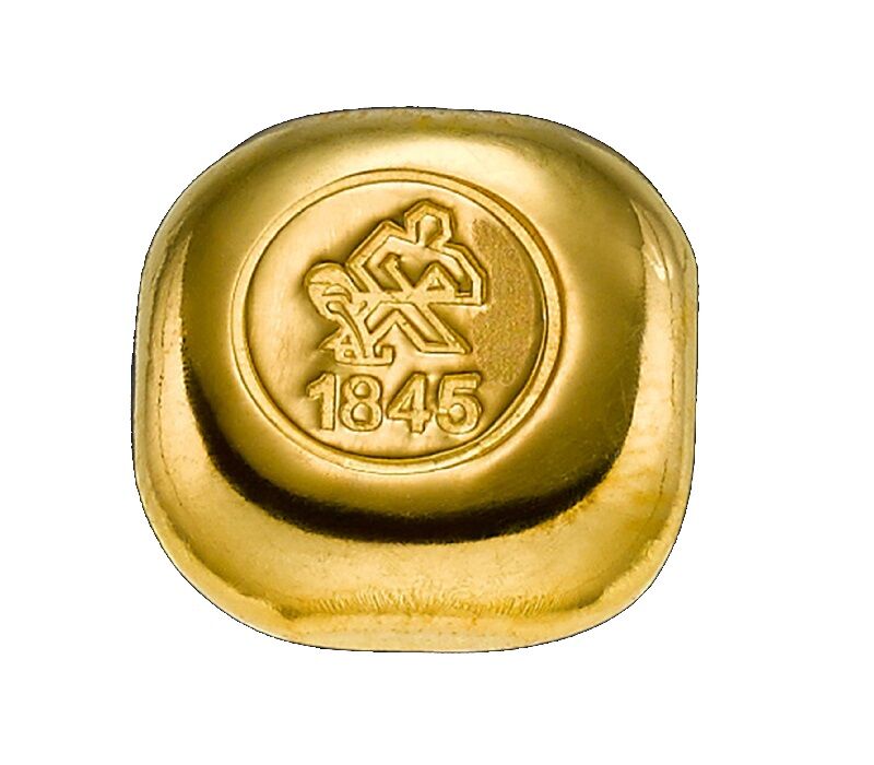Rückseite eines gegossenen 10 g Heimerle + Meule Goldbarrens mit Produktangaben
