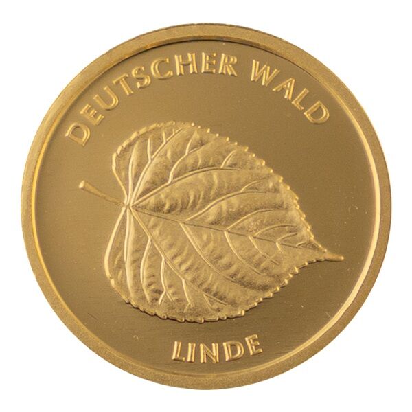 Vorderseite der 20 Euro Goldmünze Deutscher Wald 2015 mit Bundesadler, Nennwert und Prägejahr