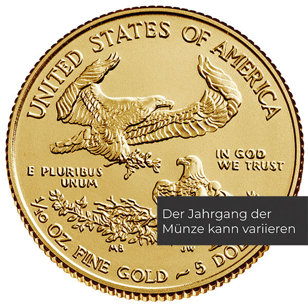 Weitere Rückseitenansicht der American Eagle Goldmünze 1/10 Unze 2020 mit Adler-Motiv, Feingewicht und Feingehalt