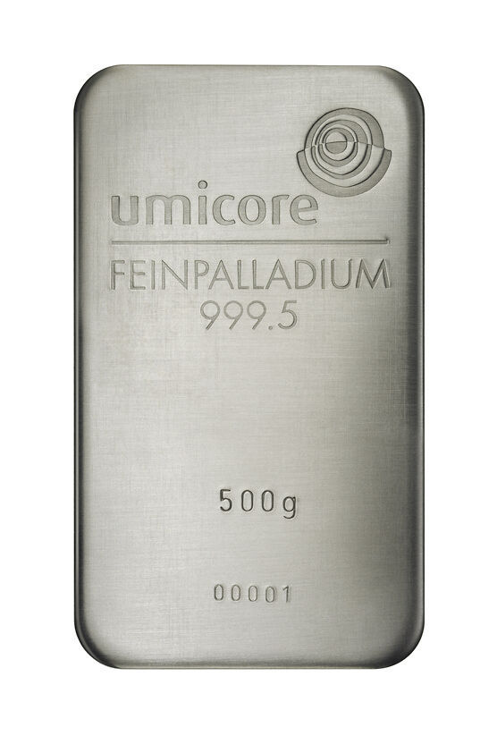 500 g Umicore Palladiumbarren mit Herstellerlogo, Feingewicht und Feinheitsangabe