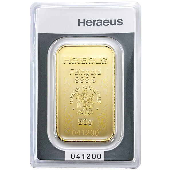 50 g Goldbarren Heraeus geprägt 50 g Goldbarren Heraeus geprägt