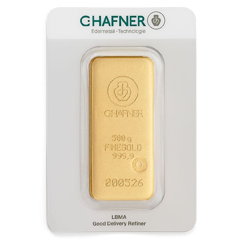 Vorderseite eines 500 g C. Hafner Goldbarrens mit Herstellerlogo, Feingewicht und Feinheitsangabe