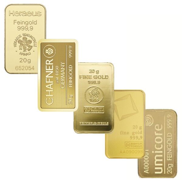 20 g Goldbarren verschiedener LBMA-zertifizierter Hersteller als Beispiel für Anlagegold