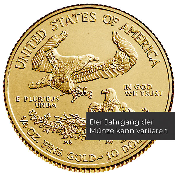 Weitere Rückseitenansicht der American Eagle Goldmünze 1/4 Unze 2020 mit Adler-Motiv, Feingewicht und Feingehalt