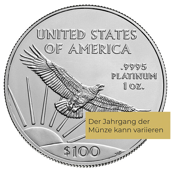 Weitere Rückseitenansicht der American Eagle Platinmünze 1 Unze mit Adler-Motiv, Feingewicht und Feingehalt