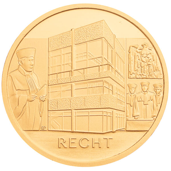 Bildseite der 100 Euro Goldmünze Recht 2021 mit Motiv zur Säule der Demokratie Recht