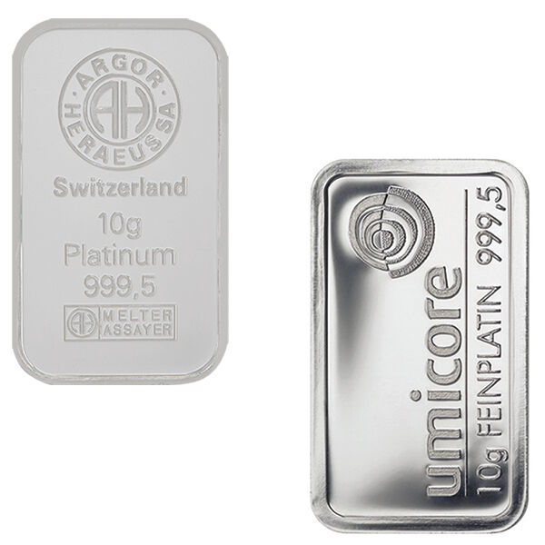 10 g Platinbarren verschiedener Hersteller als Beispiele für Platin-Anlagebarren