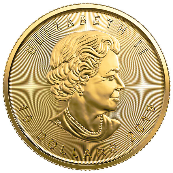 Vorderseite der Maple Leaf Goldmünze 1/4 Unze 2019 mit Monarchenporträt, Nennwert und Jahrgang
