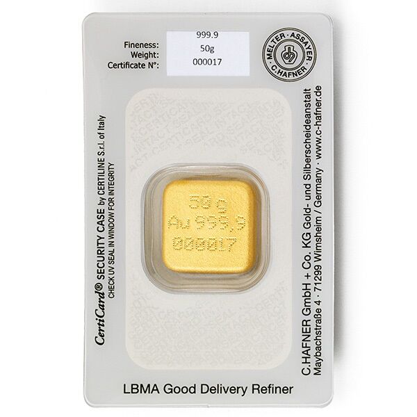 50 g Goldbarren gegossen Rückseite C.Hafner Moroder Scheideanstalt 50 g Goldbarren gegossen Rückseite C.Hafner Moroder Scheideanstalt