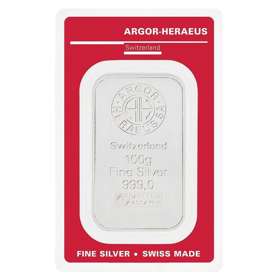 100g Silberbarren Vorderseite Argor Heraeus Moroder Scheideanstalt