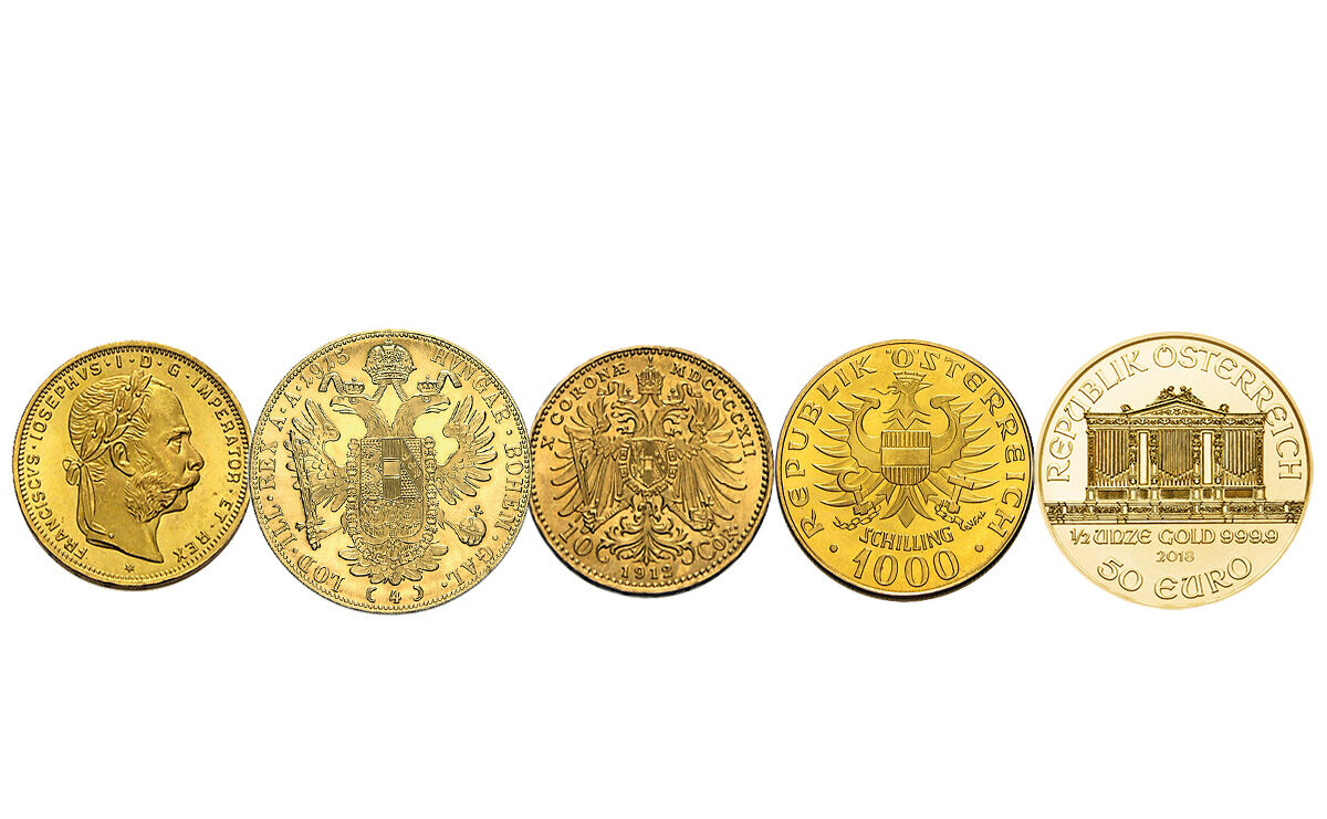Übersicht verschiedener österreichischer Goldmünzen als Beispiel für Anlagegold