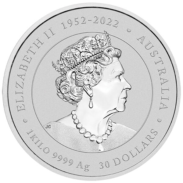 Vorderseite der Lunar III Drache Silbermünze 1 kg 2024 mit Monarchenporträt, Nennwert und Jahrgang