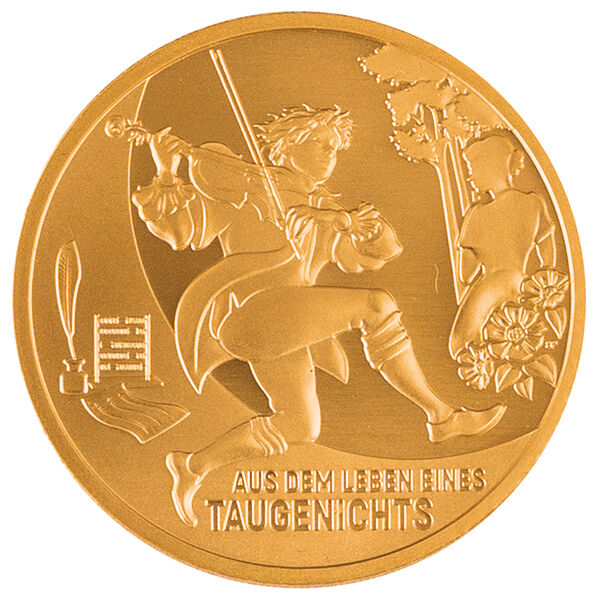 Bildseite der 100 Euro Goldmünze Aus dem Leben eines Taugenichts 2025 mit Motiv zum Literaturklassiker