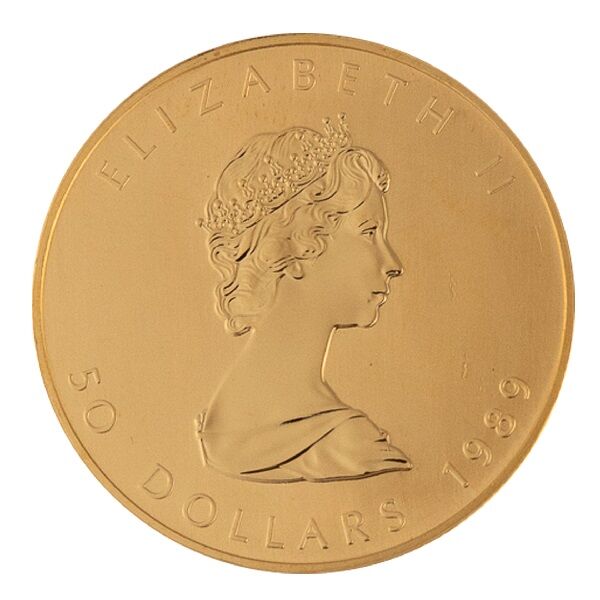Rückseite der Maple Leaf Goldmünze 1 Unze 1989 mit Ahornblatt-Motiv, Feingewicht und Feingehalt