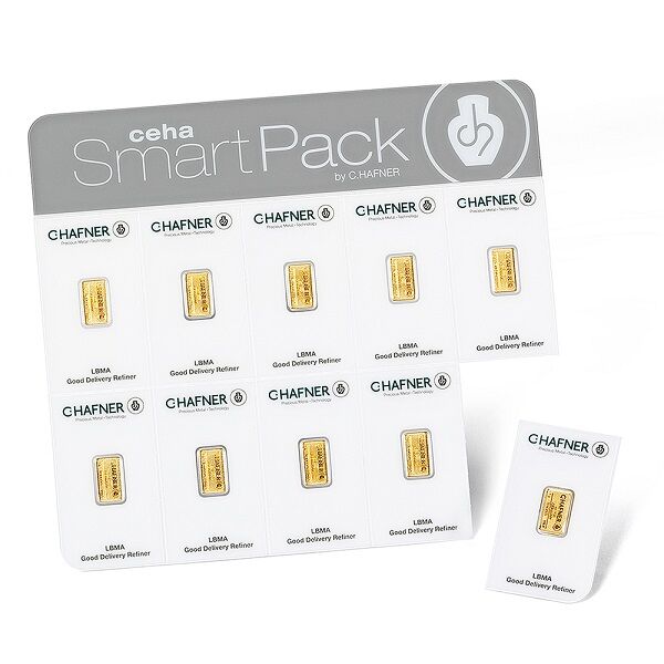 Weitere Vorderseitenansicht des C. Hafner Smartpacks mit 10 einzelnen 1 g Goldbarren