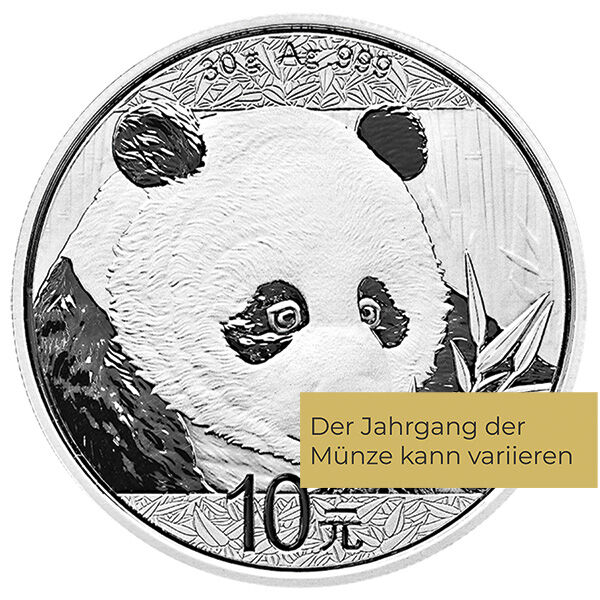 Weitere Rückseitenansicht der China Panda Silbermünze 30 g 2018 mit Panda-Motiv, Feingewicht und Feingehalt
