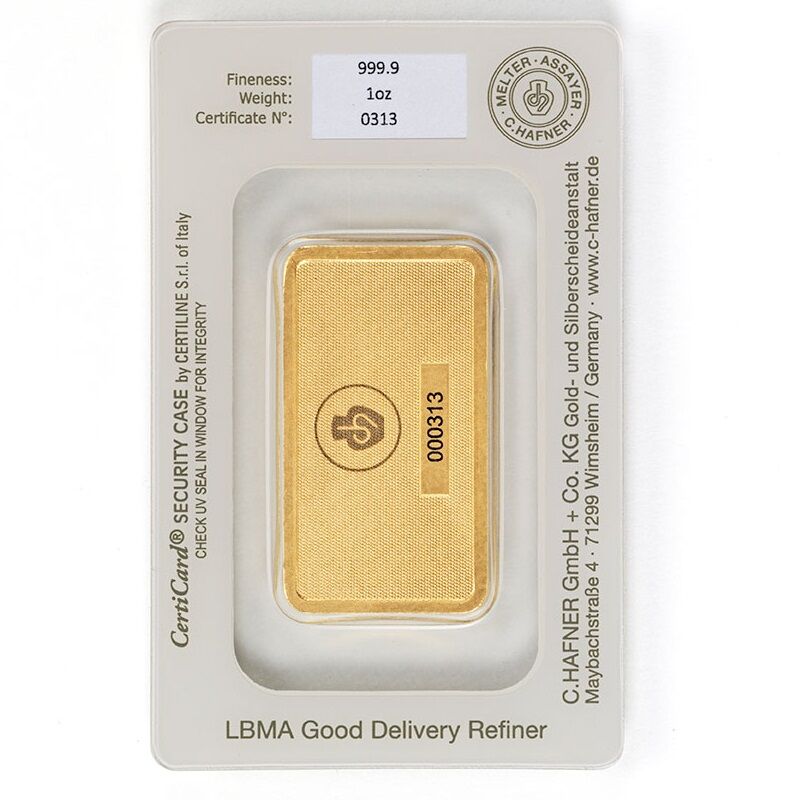1 oz Goldbarren geprägt Rückseite C.Hafner Moroder Scheideanstalt 1 oz Goldbarren geprägt Rückseite C.Hafner Moroder Scheideanstalt