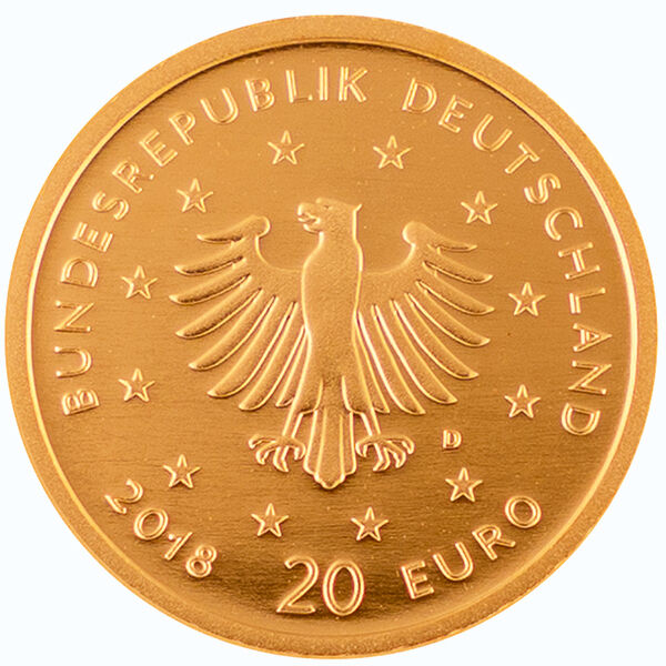 Rückseite der 20 Euro Goldmünze Heimische Vögel 2018 mit Uhu als Münzmotiv