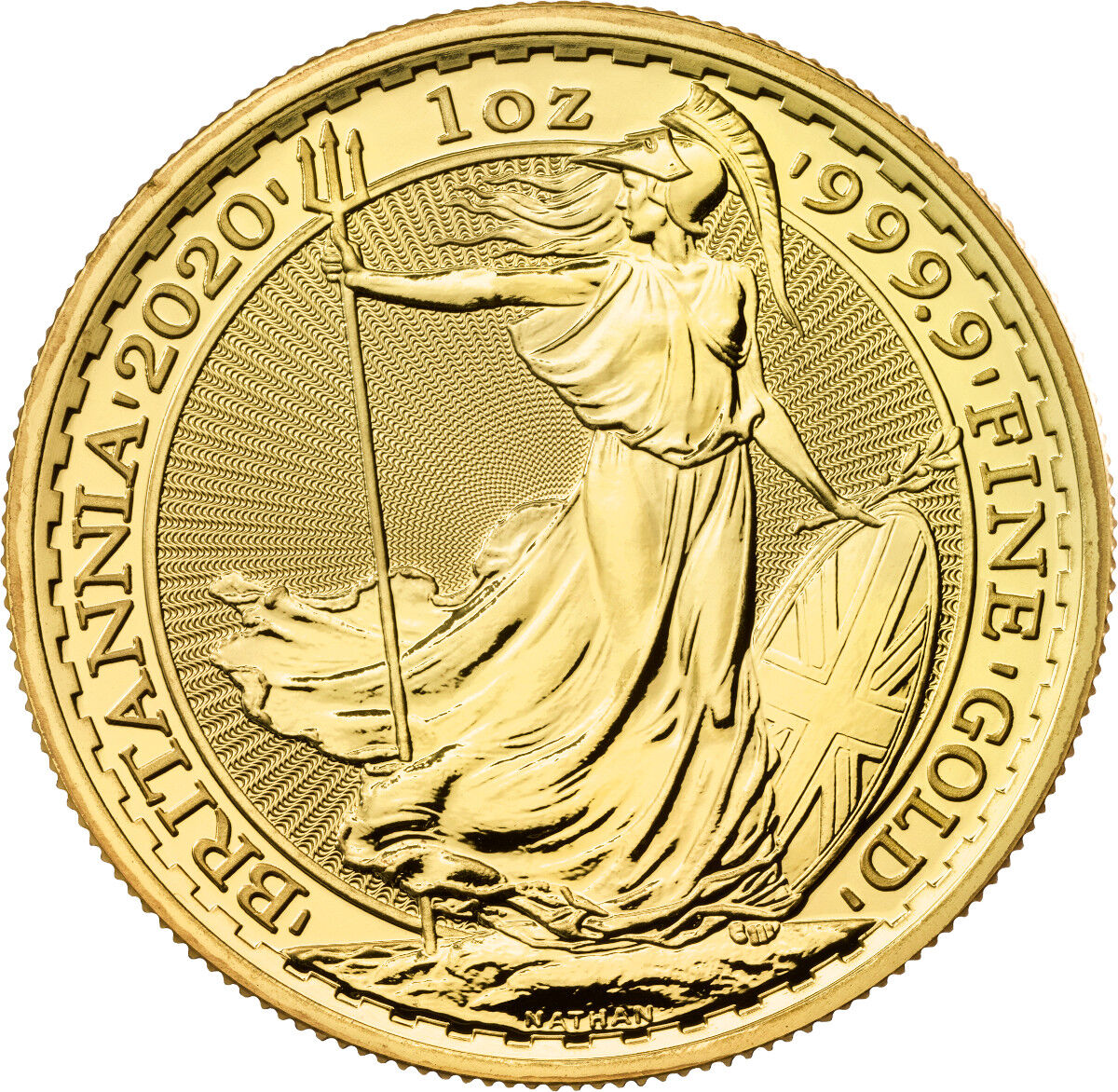 Weitere Rückseitenansicht der Britannia Goldmünze 1 Unze 2020 mit Britannia-Motiv, Feingewicht und Feingehalt