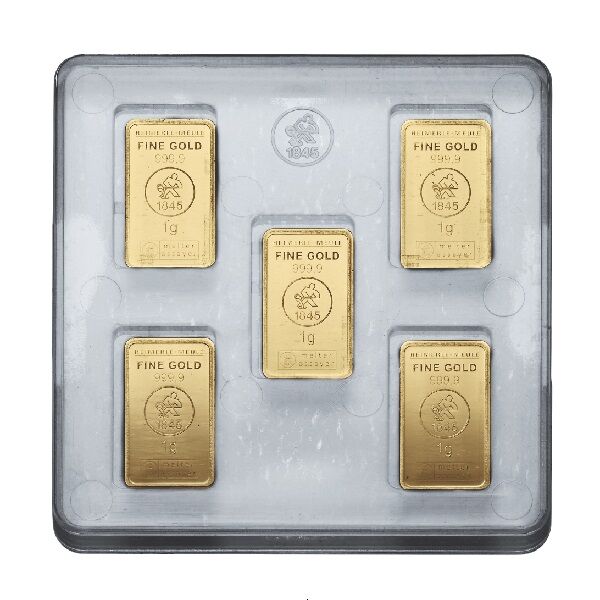 Vorderseite der Heimerle + Meule UnityBox mit 15 einzelnen 1 g Goldbarren