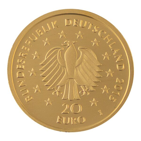 Rückseite der 20 Euro Goldmünze Deutscher Wald 2015 mit Lindenmotiv