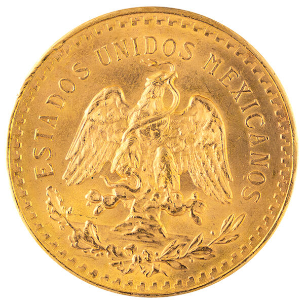 Rückseite der Mexiko 50 Pesos Centenario Goldmünze 1947 mit mexikanischem Staatswappen und Adler