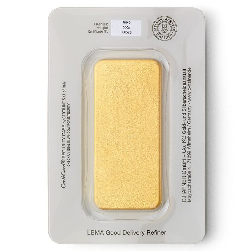 Rückseite eines 500 g C. Hafner Goldbarrens mit Produktangaben